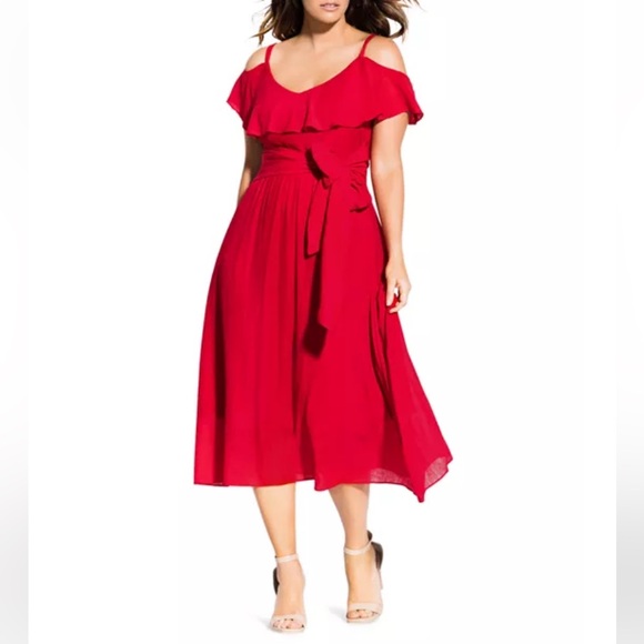 City Chic Dresses & Skirts - Romantic Tie-Belt Cold-Shoulder Dress